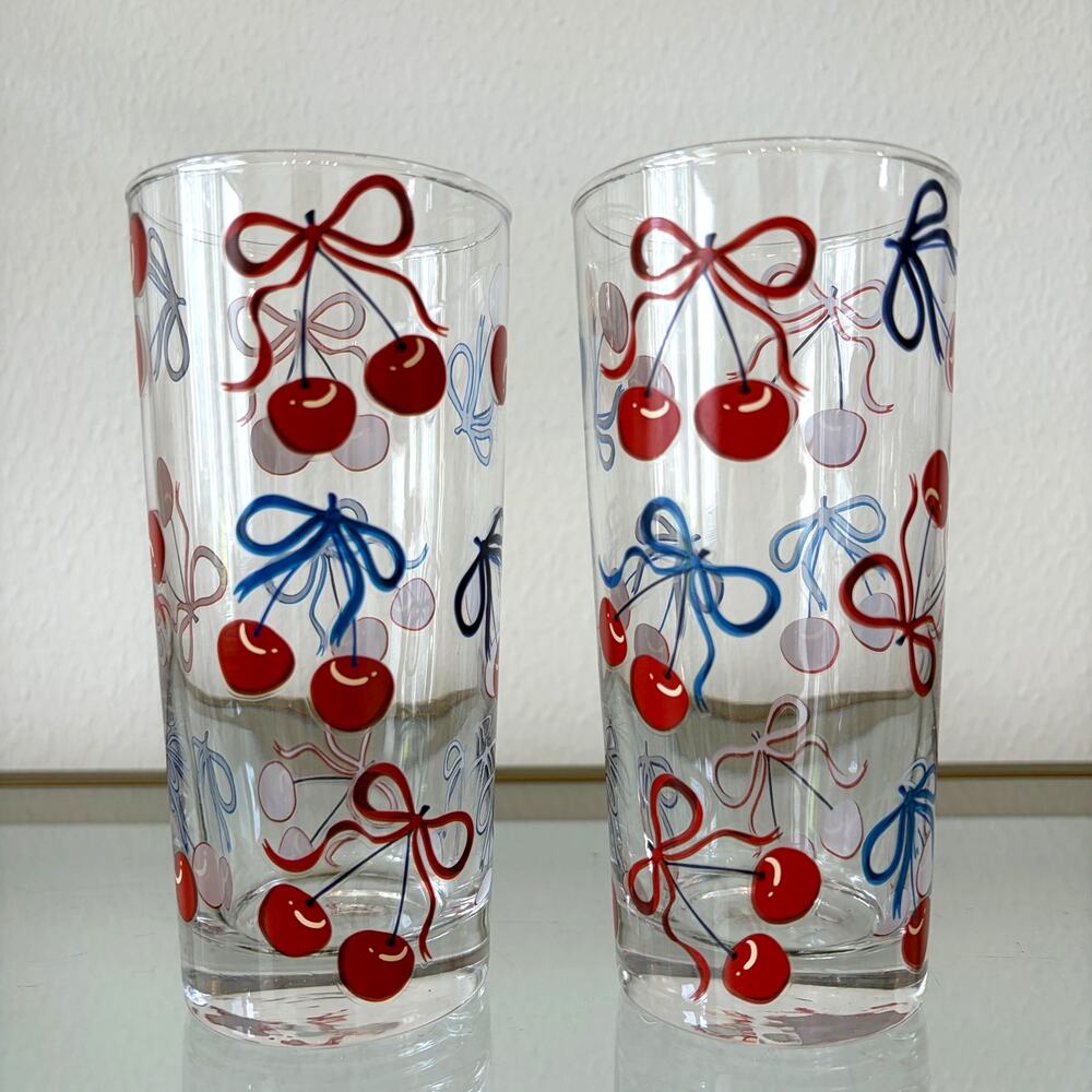 Fig & Fern Cherries Bows Highball Glasses 2pc Red Blue Summer Barware New